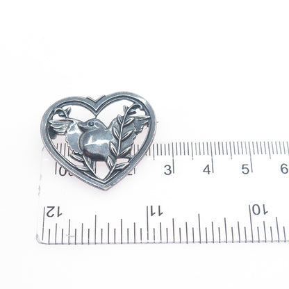 CORO 925 Sterling Silver Antique Art Deco Dove Bird Heart Oxidized Pin Brooch