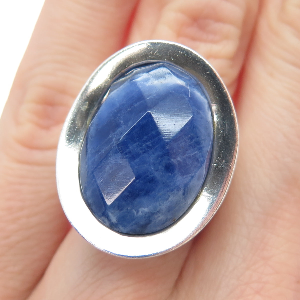 950 Silver Vintage Real Sodalite Modernist Statement Ring Size 6.5