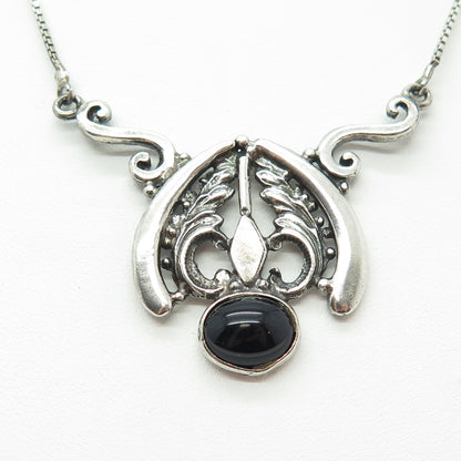 925 Sterling Silver Vintage Italy Black Onyx Gem Ethnic Box Chain Necklace 16"