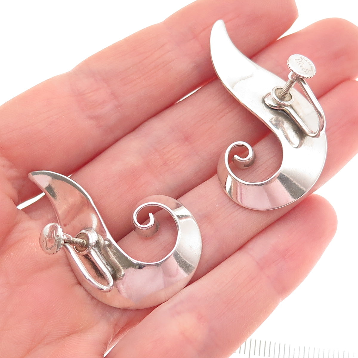 ORB Otto R. Bade 925 Sterling Silver Vintage Modernist Swirl Screw Back Earrings