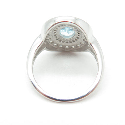 DSMK 925 Sterling Silver Real Oval & Round-Cut Blue White Topaz Ring Size 6.5