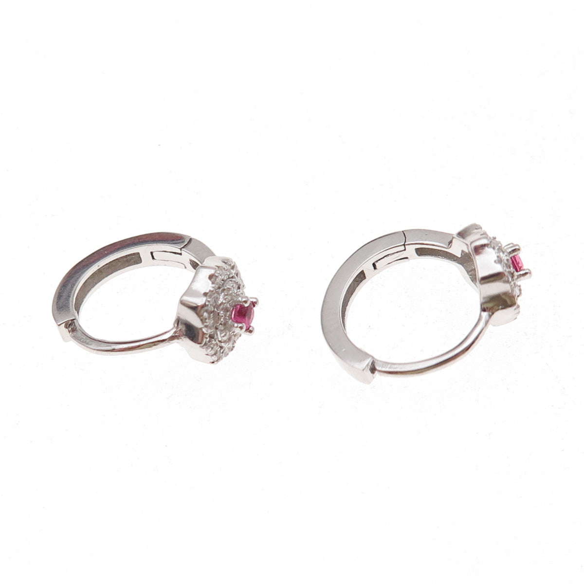 925 Sterling Silver Round-Cut Pink & White C Z Floral Hoop Earrings