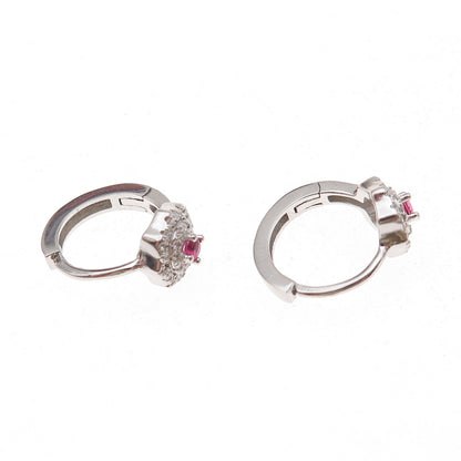 925 Sterling Silver Round-Cut Pink & White C Z Floral Hoop Earrings