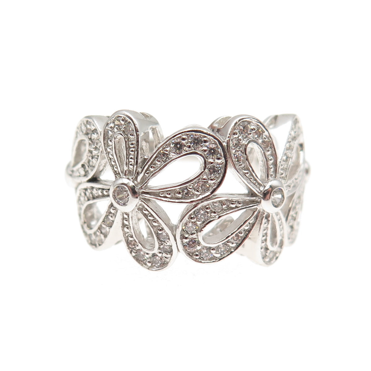 925 Sterling Silver Round-Cut C Z Floral Ring Size 7.25