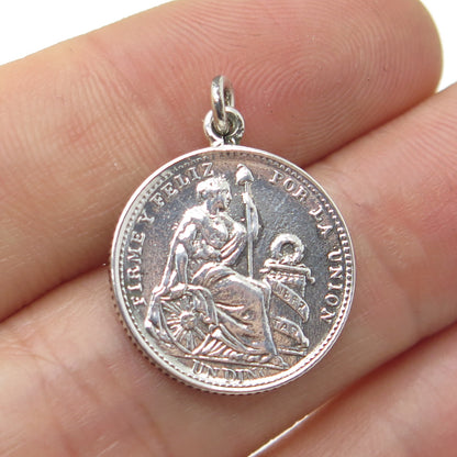 900 Silver Antique 1905 FIRME Y FELIZ POR LA UNION 1 Dinero Coin Pendant