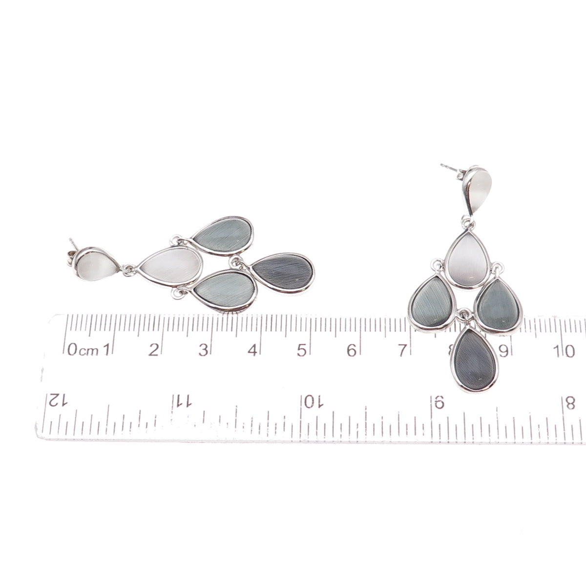925 Sterling Silver Real Cat's Eye Teardrop Cluster Dangle Earrings
