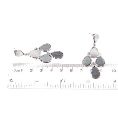 925 Sterling Silver Real Cat's Eye Teardrop Cluster Dangle Earrings