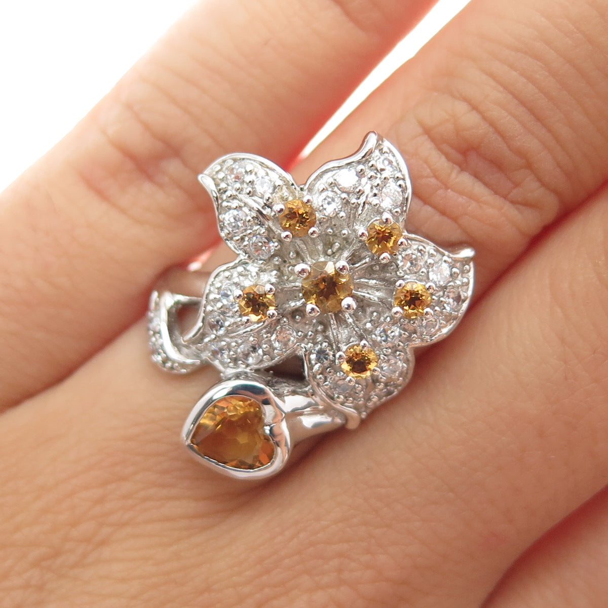 925 Sterling Silver Real Heart Round-Cut Citrine & C Z Lily Ring Size 5.75