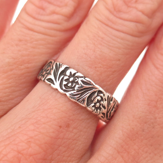 925 Sterling Silver Vintage Floral Oxidized Band Ring Size 8.75