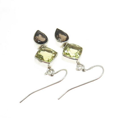 925 Sterling Silver Vintage Real Lemon Citrine & Smoky Quartz Dangle Earrings