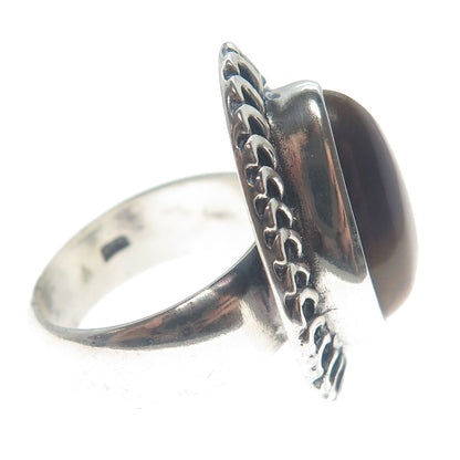 925 Sterling Silver Vintage Real Pear-Cut Tiger Eye Oxidized Ring Size 8.5