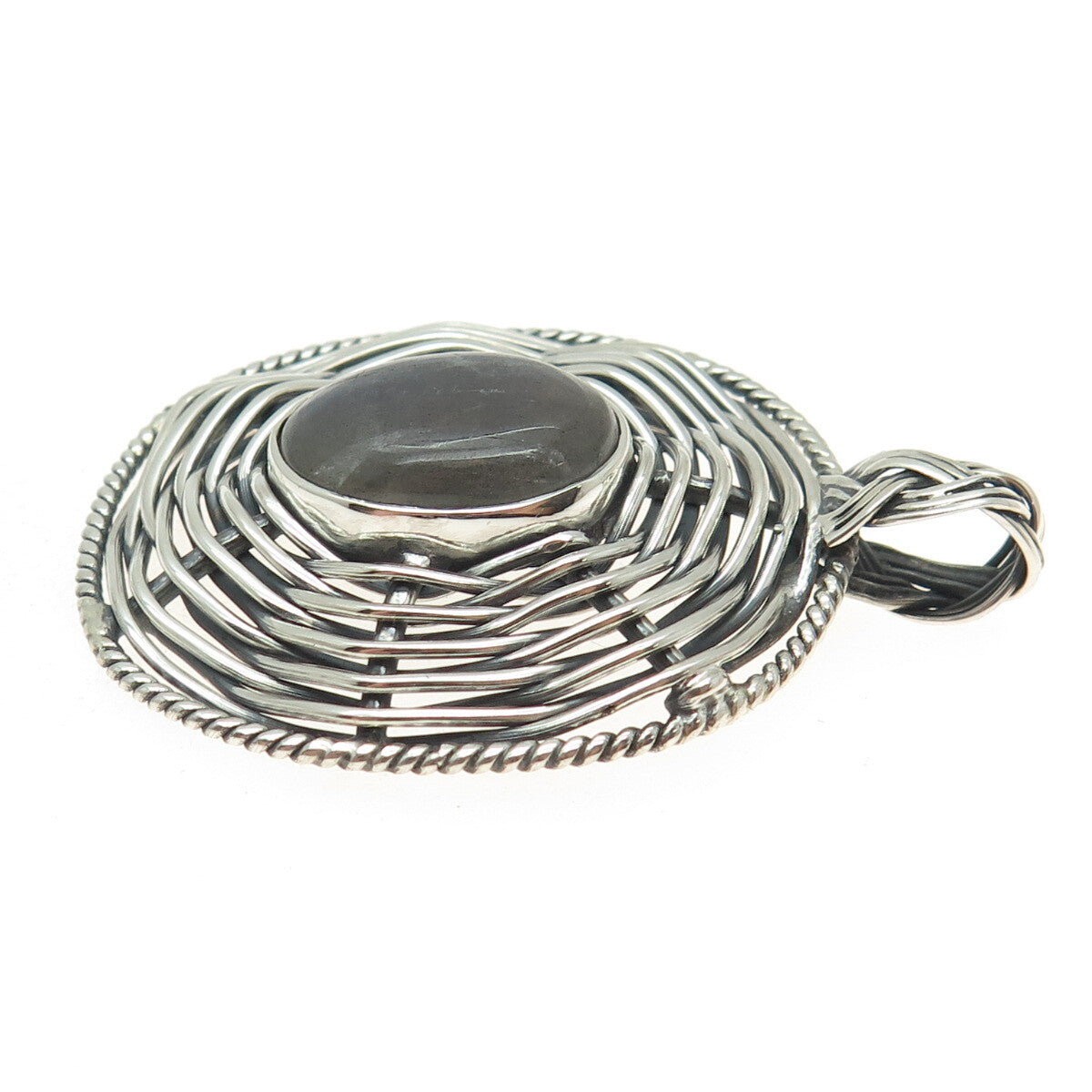 925 Sterling Silver Vintage Real Labradorite Modernist Wicker Oxidized Pendant