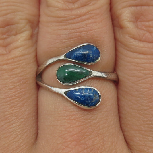 925 Sterling Silver Vintage Real Lapis & Malachite Adjustable Ring Size 8