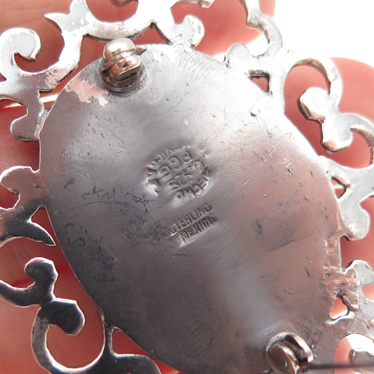 925 Sterling Silver Vintage PGG Mexico Real MOP Ornate Pin Brooch / Pendant