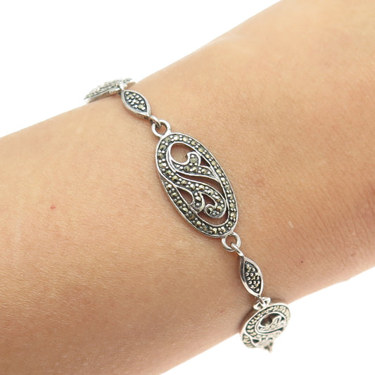 925 Sterling Silver Vintage Real Marcasite Floral Panel Link Bracelet 7.25"