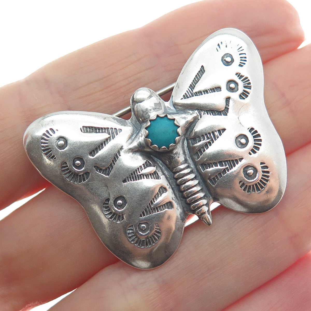 Old Pawn Sterling Silver Vintage Turquoise Butterfly Oxidized Tribal Pin Brooch