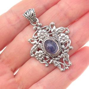 925 Sterling Silver Vintage Real Tanzanite Floral Oxidized Charm Pendant