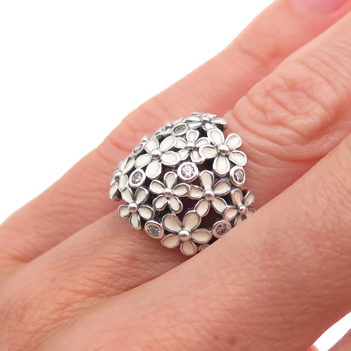 Pandora 925 Sterling Silver Enamel & C Z Darling Daisy Bouquet Ring Size 5.25