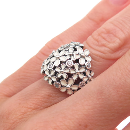 Pandora 925 Sterling Silver Enamel & C Z Darling Daisy Bouquet Ring Size 5.25