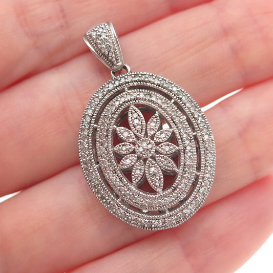925 Sterling Silver Real Round-Cut Diamond Floral Charm Pendant