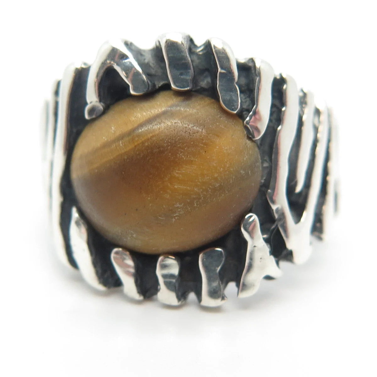 925 Sterling Silver Vintage Real Tiger Eye Gem Striped Ring Size 8.25