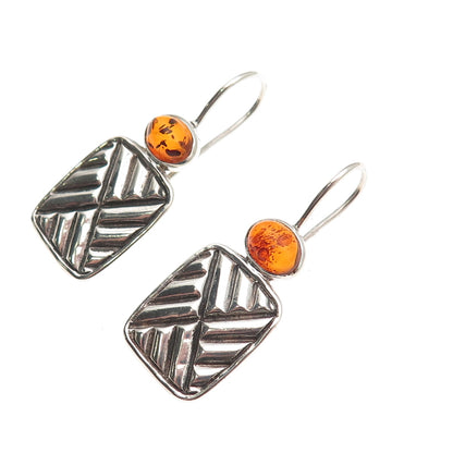 925 Sterling Silver Vintage Real Amber Modernist Oxidized Earrings