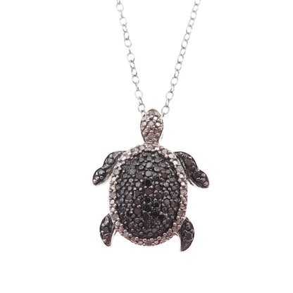 Heng Ngai Sterling Silver Real Black & White Diamond Turtle Chain Necklace 18"