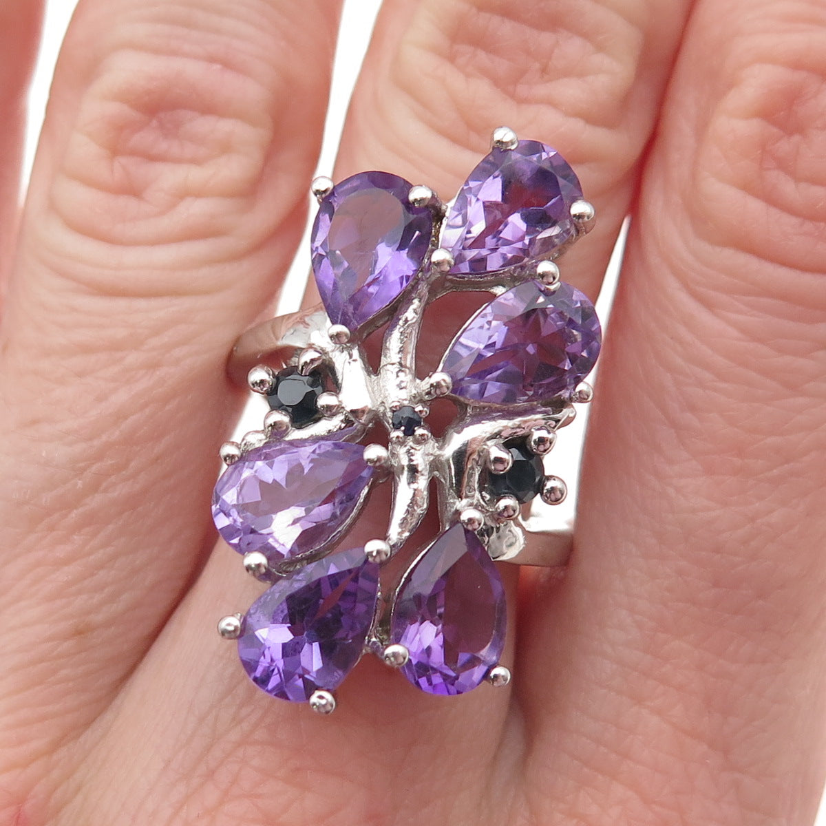 925 Sterling Silver Real Amethyst & Sapphire Cluster Ring Size 8