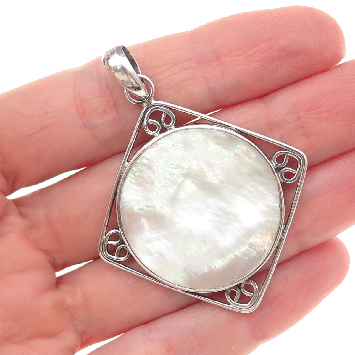 925 Sterling Silver Vintage Real MOP Modernist Heart Square Charm Pendant