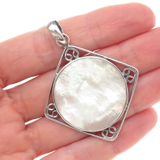 925 Sterling Silver Vintage Real MOP Modernist Heart Square Charm Pendant