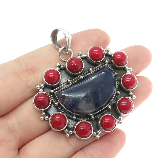 925 Sterling Silver Vintage Real Sodalite & Coral Modernist Oxidized Pendant