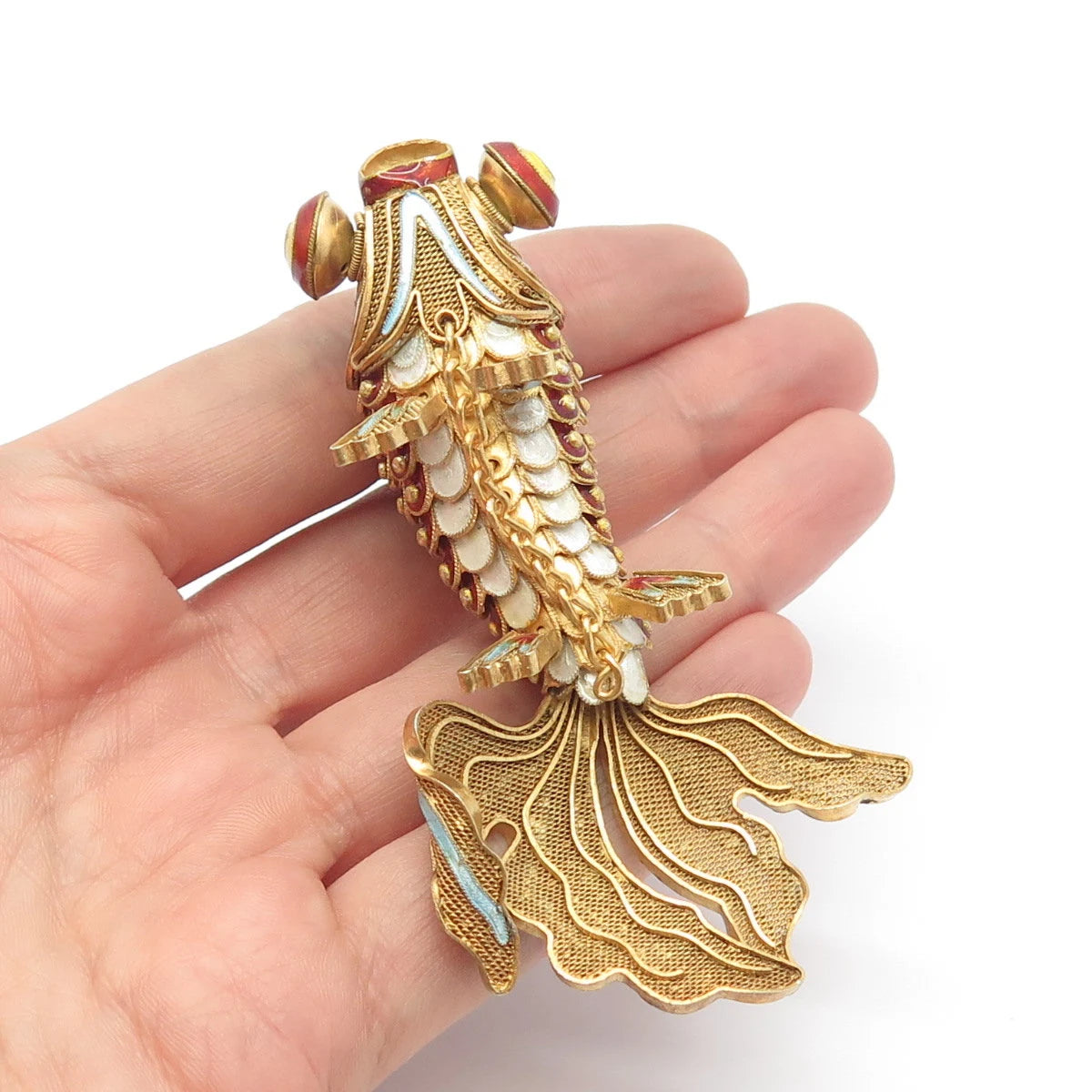 925 Sterling Silver Gold Plated Antique Enamel Chinese Koi Fish Chatelaine Fob