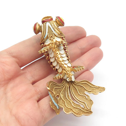 925 Sterling Silver Gold Plated Antique Enamel Chinese Koi Fish Chatelaine Fob