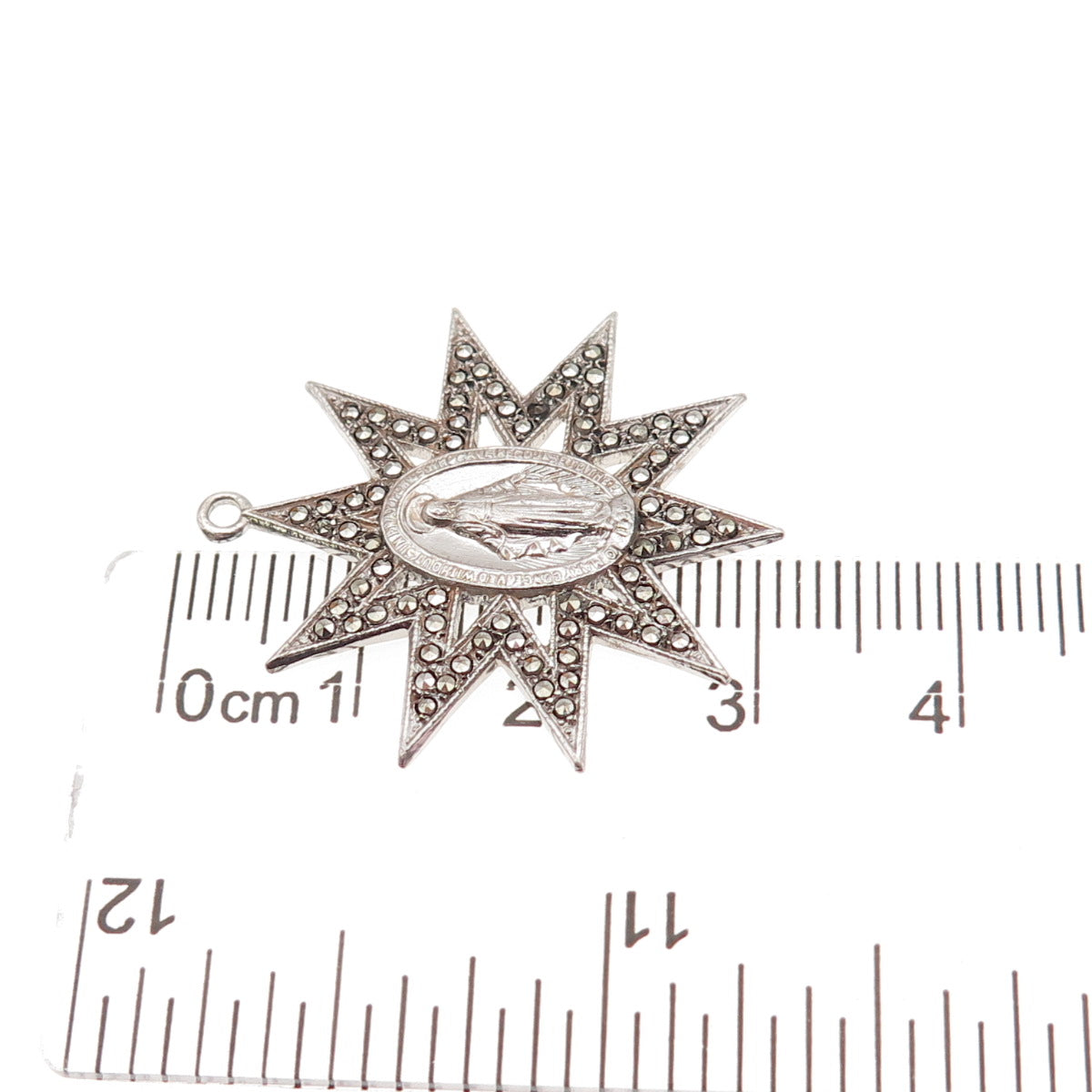 925 Sterling Silver Antique Art Deco Real Marcasite St. Mary Miraculous Pendant