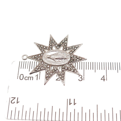 925 Sterling Silver Antique Art Deco Real Marcasite St. Mary Miraculous Pendant