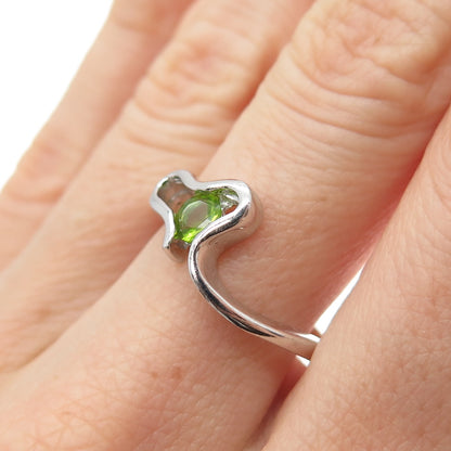 925 Sterling Silver Real Round-Cut Peridot Modernist Heart Ring Size 8
