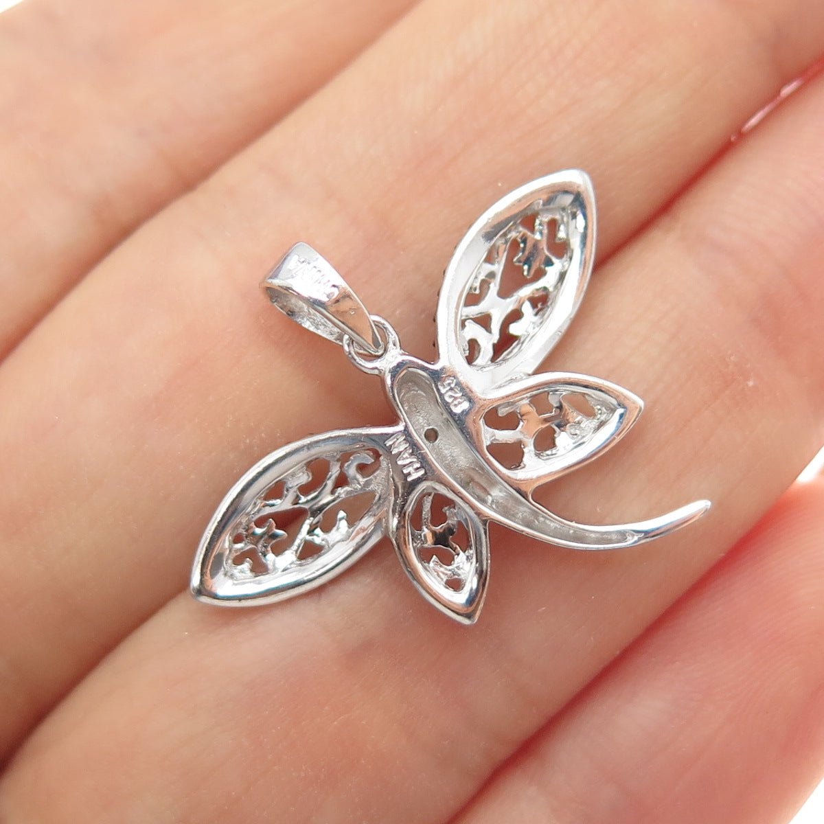 925 Sterling Silver Real Diamond Accent Dragonfly Charm Pendant