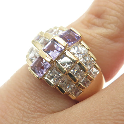 925 Sterling Silver Gold Plated Real Princess-Cut Amethyst & C Z Ring Size 4.75