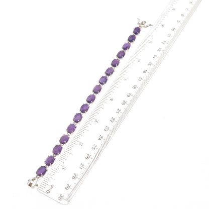 925 Sterling Silver Vintage Real Cabochon Amethyst Link Bracelet 7.5"