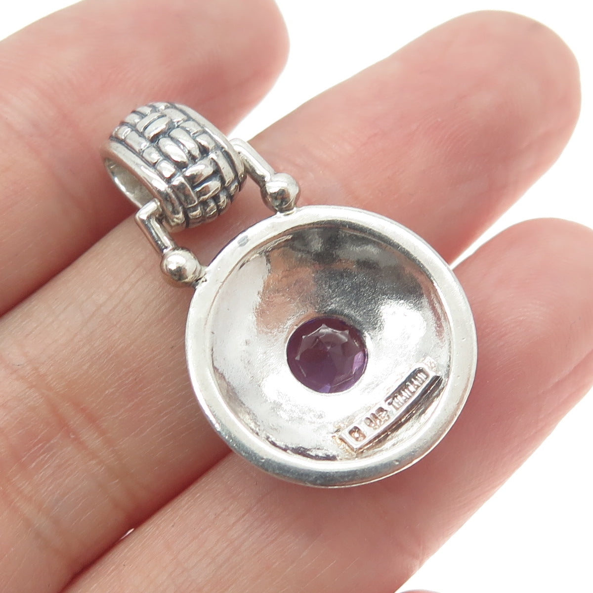 925 Sterling Silver Vintage Real Amethyst Gemstone Wicker Pendant