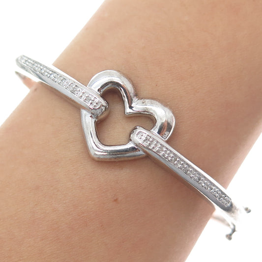 925 Sterling Silver Real Round-Cut Diamond Heart Bangle Bracelet 7"