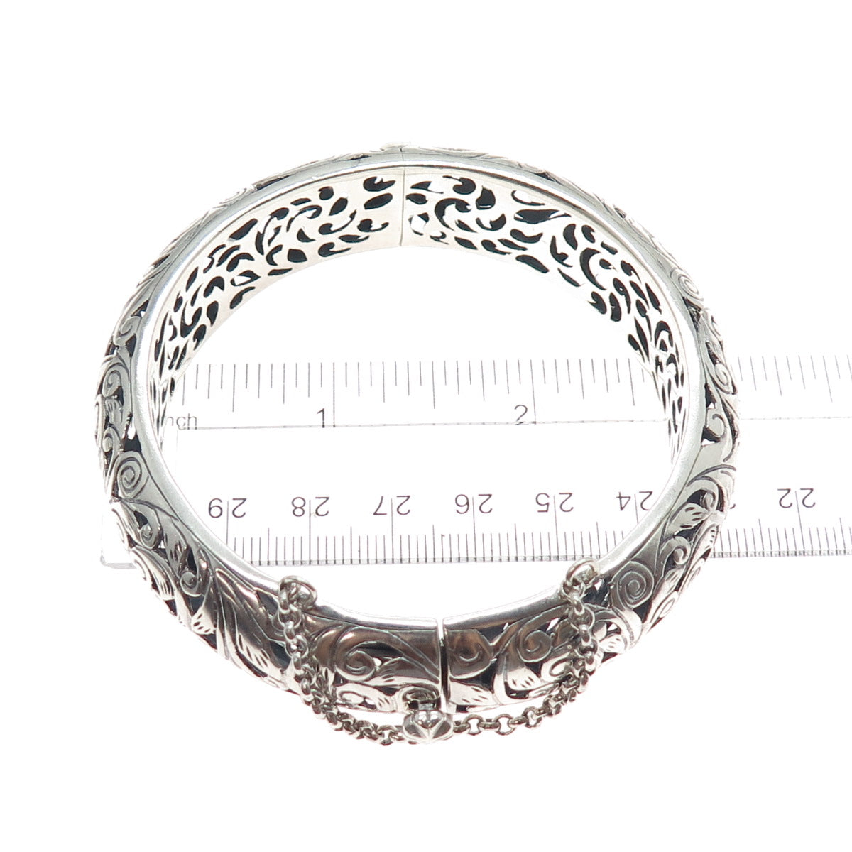 925 Sterling Silver Vintage Floral Ornate Oxidized Bangle Bracelet 7.75"