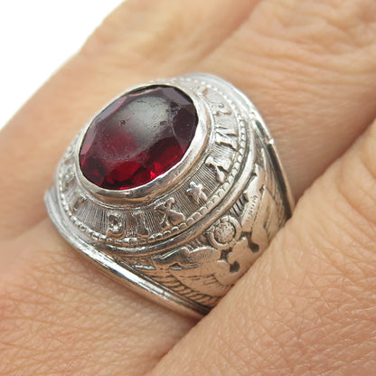 TAYLOR MAID 925 Sterling Silver Antique Art Deco Red Glass US Army Ring Size 10