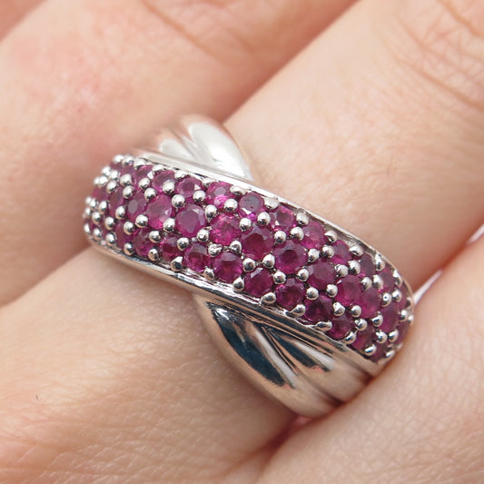 925 Sterling Silver Real Round-Cut Ruby Crisscross Ring Size 8.25