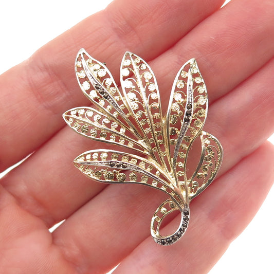 925 Sterling Silver Gold Plated Vintage Real Marcasite Floral Pin Brooch