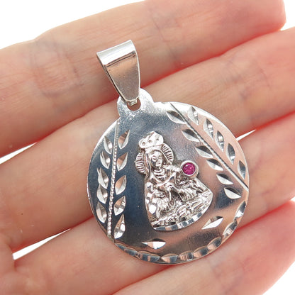 925 Sterling Silver Vintage Real Ruby St. Barbara Religious Charm Pendant