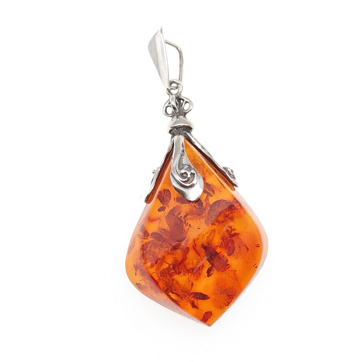 925 Sterling Silver Vintage BK Poland Real Amber Modernist Oxidized Pendant