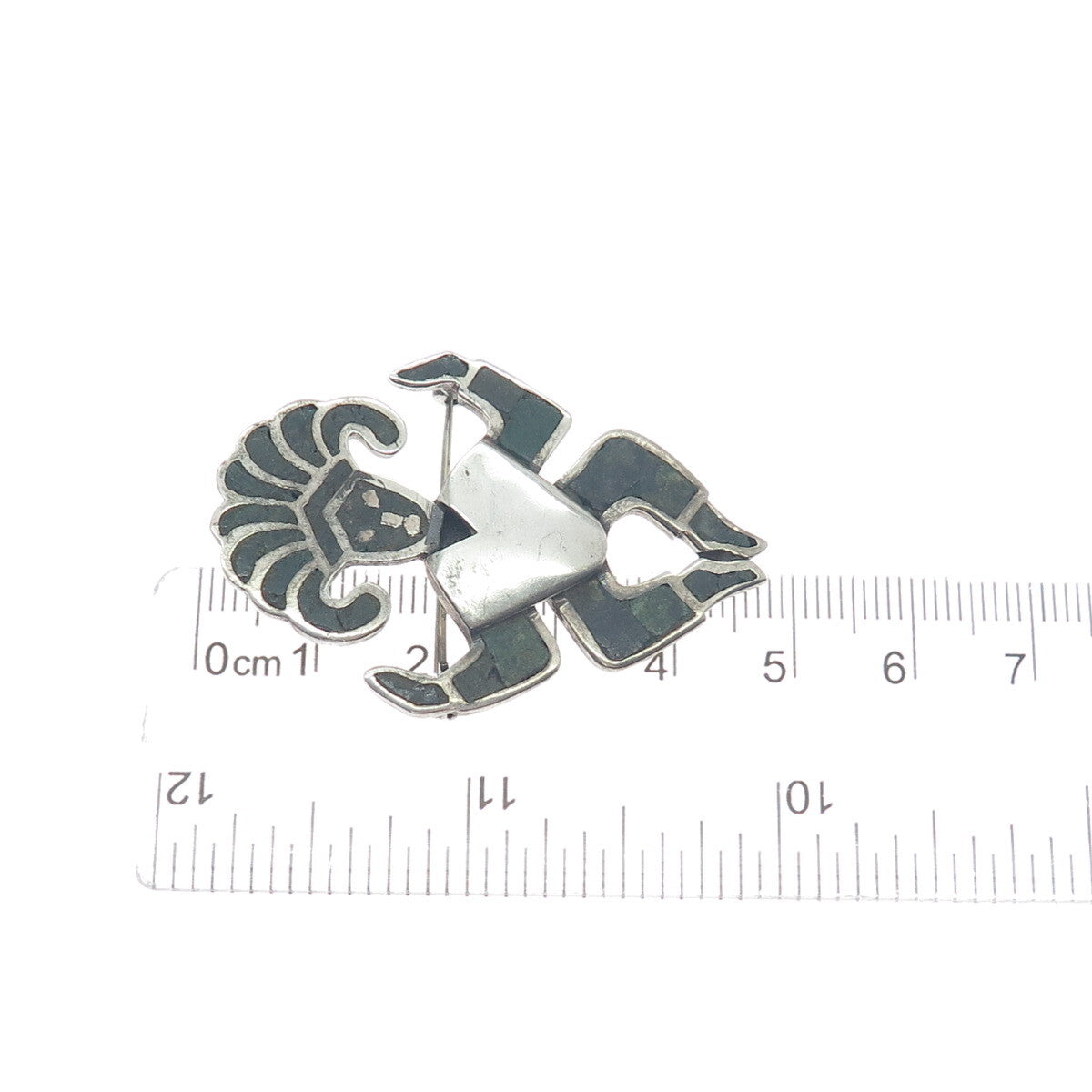 925 Sterling Silver Vintage Mexico Real Chrysocolla Inlay Aztec Warrior Brooch