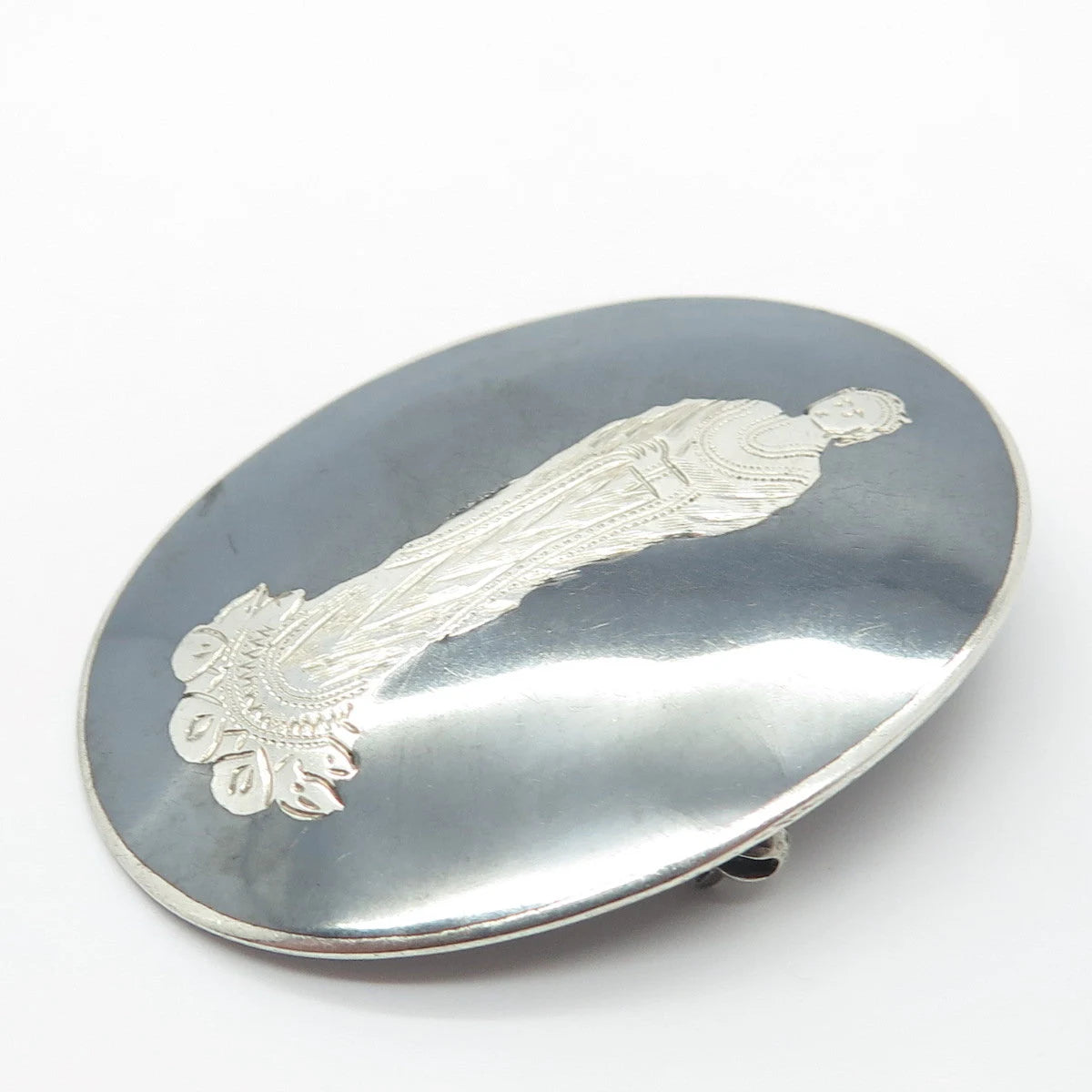 925 Sterling Silver Vintage Siam Hindu Goddess Oval Pin Brooch