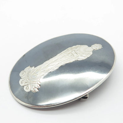 925 Sterling Silver Vintage Siam Hindu Goddess Oval Pin Brooch